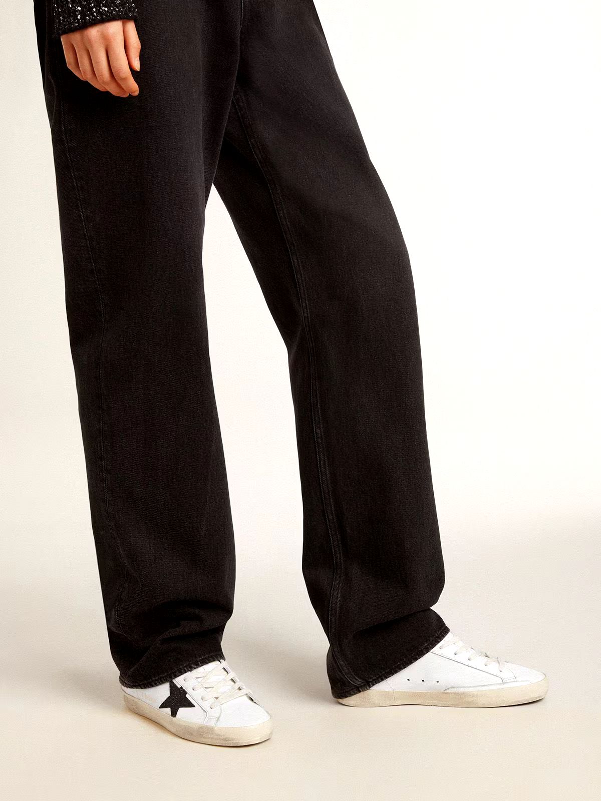 Super-Star Damen aus Nappa mit Stern aus goldfarbenem Glitzer und schwarzem Glitzer an der Fersenpartie